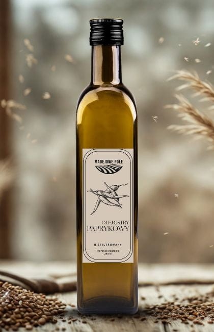 Olej_paprykowy_ostry_250ml_w_kuchni_w_aranżacji_z_suszonymi_papryczkami_chilli