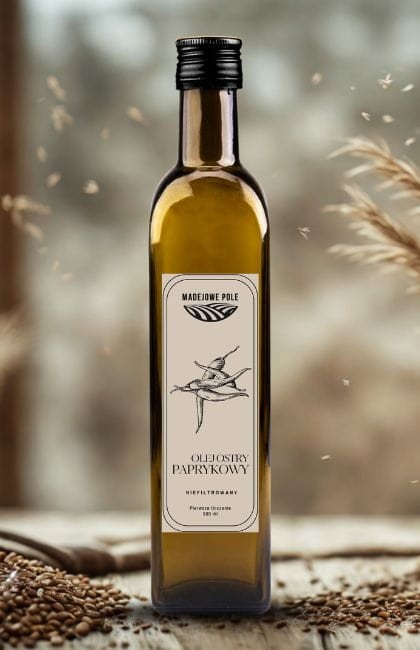 Olej_paprykowy_ostry_500ml_Madejowe_Pole_w_kuchennej_aranżacji_z_chilli_w_tle